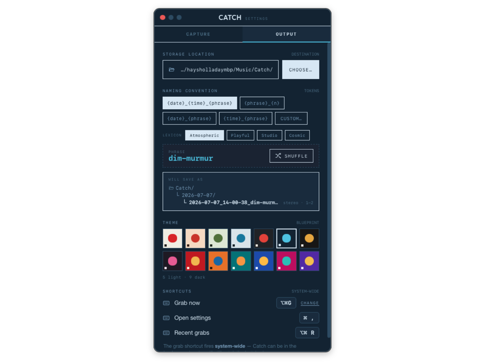 Catch settings and themes