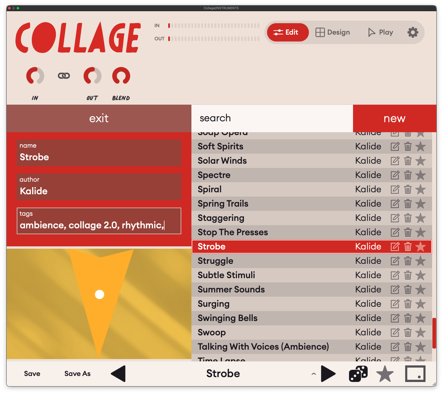 Editing a preset name, author and tags in Collage
