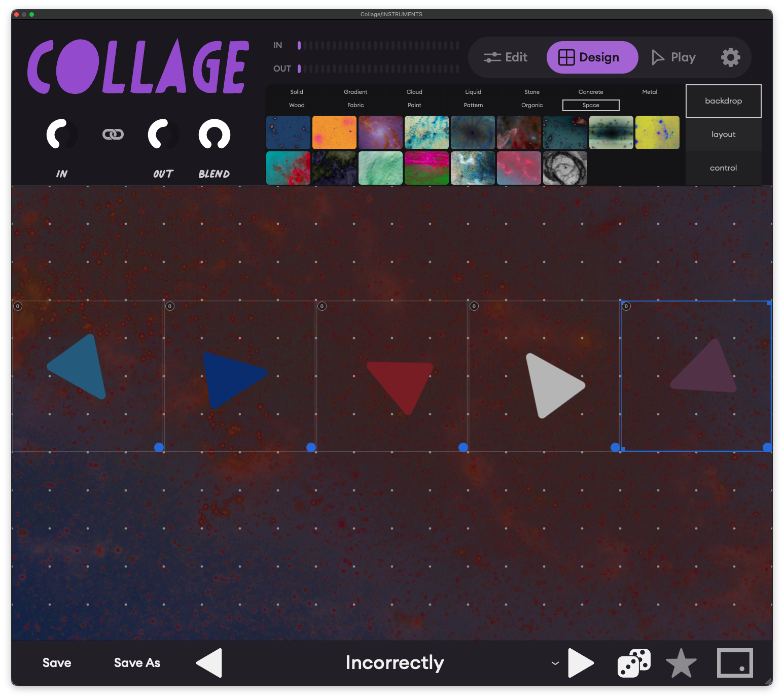 Collage design mode with a Space backdrop